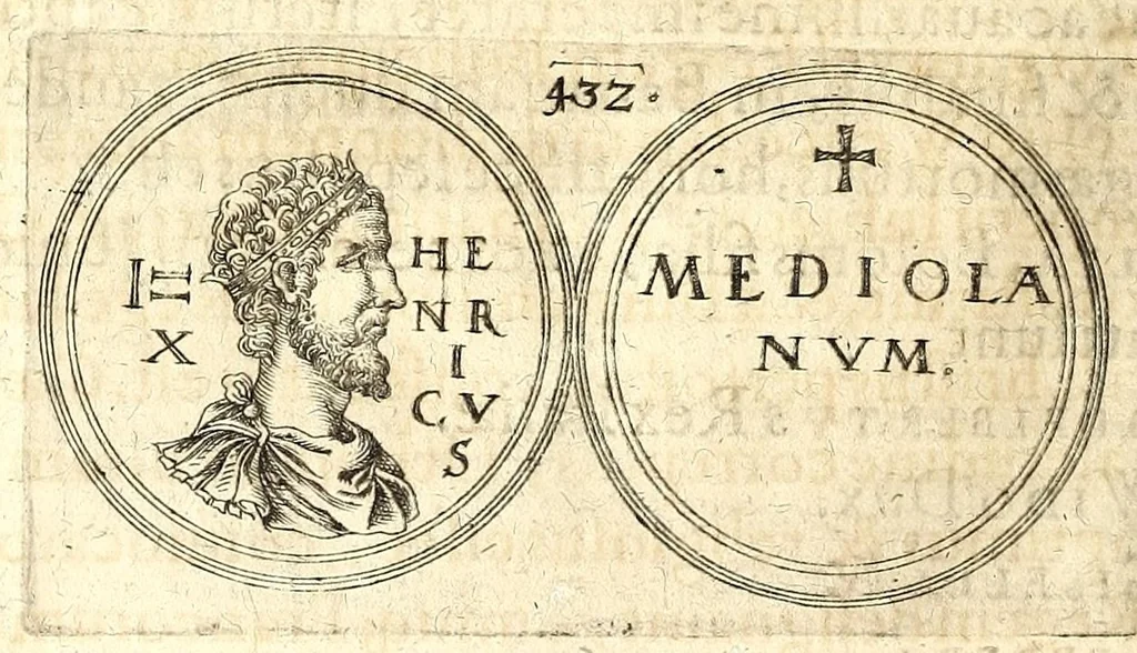 An illustration from De vitis imperatorum et caesarum romanorum : tam occidentalium quam orientalium, nec non vxorum et liberorum eorum, item tyrannorum omnium ... : inde à C. Julio Caesare, primo monarcha, vsque ad D.N. Imperatorem Caesarem Matthiam : vnà cum eorum effigiebus & symbolis ..., 1615, leaf 414