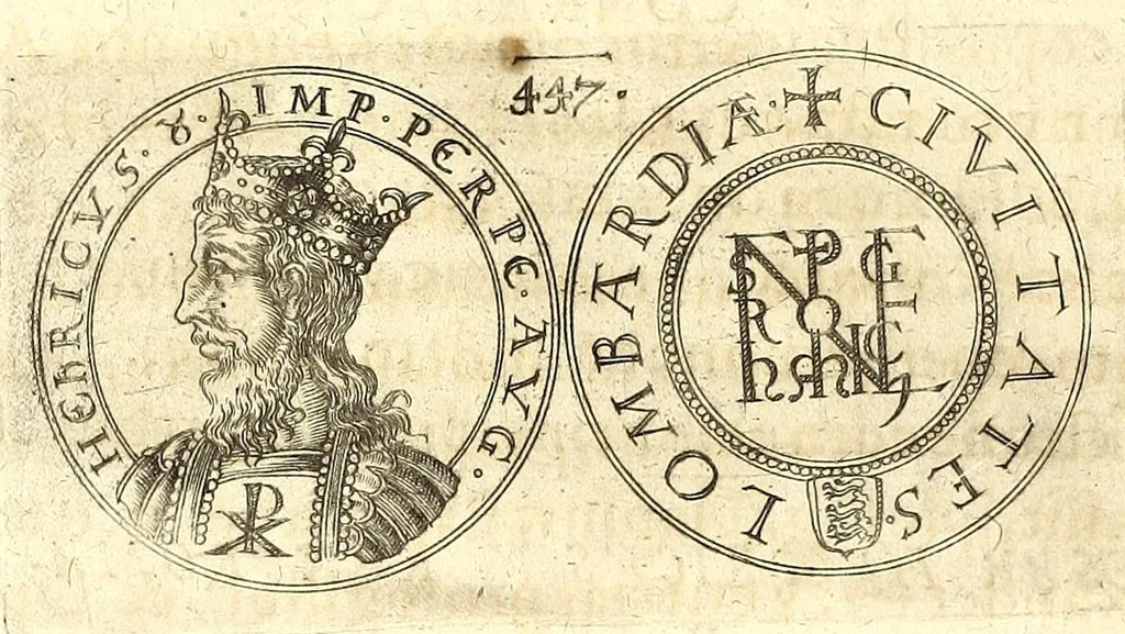 An illustration from De vitis imperatorum et caesarum romanorum : tam occidentalium quam orientalium, nec non vxorum et liberorum eorum, item tyrannorum omnium ... : inde à C. Julio Caesare, primo monarcha, vsque ad D.N. Imperatorem Caesarem Matthiam : vnà cum eorum effigiebus & symbolis ..., 1615, leaf 440
