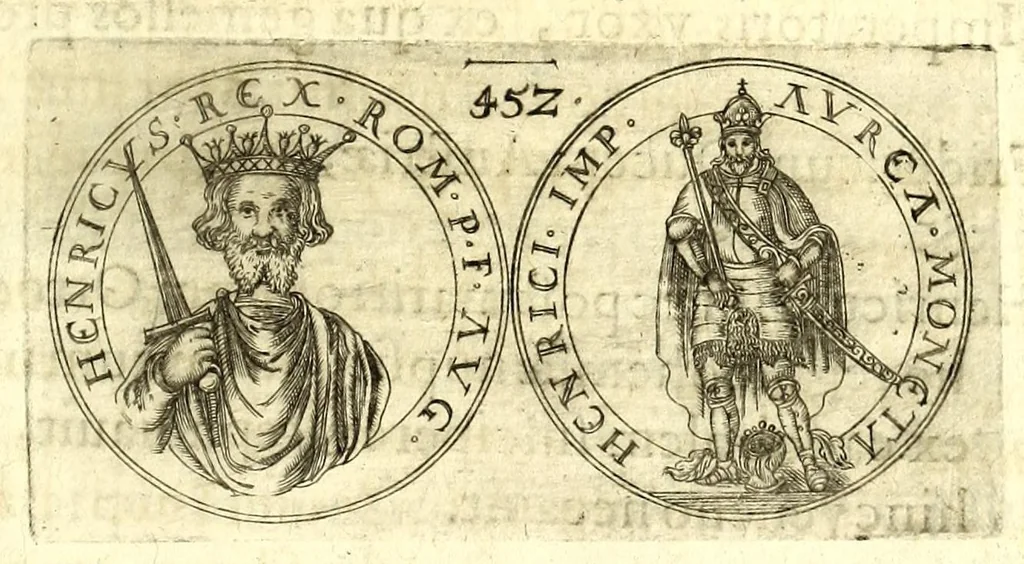 An illustration from De vitis imperatorum et caesarum romanorum : tam occidentalium quam orientalium, nec non vxorum et liberorum eorum, item tyrannorum omnium ... : inde à C. Julio Caesare, primo monarcha, vsque ad D.N. Imperatorem Caesarem Matthiam : vnà cum eorum effigiebus & symbolis ..., 1615, leaf 451