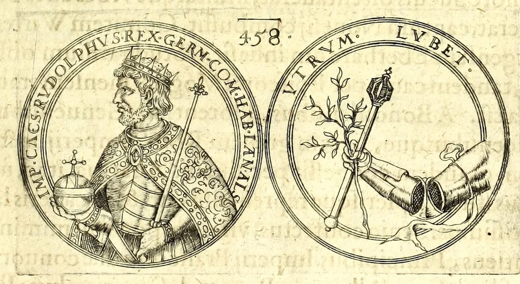 An illustration from De vitis imperatorum et caesarum romanorum : tam occidentalium quam orientalium, nec non vxorum et liberorum eorum, item tyrannorum omnium ... : inde à C. Julio Caesare, primo monarcha, vsque ad D.N. Imperatorem Caesarem Matthiam : vnà cum eorum effigiebus & symbolis ..., 1615, leaf 459