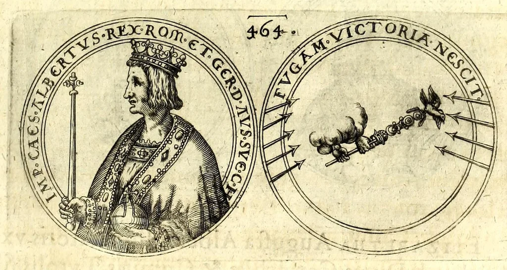 An illustration from De vitis imperatorum et caesarum romanorum : tam occidentalium quam orientalium, nec non vxorum et liberorum eorum, item tyrannorum omnium ... : inde à C. Julio Caesare, primo monarcha, vsque ad D.N. Imperatorem Caesarem Matthiam : vnà cum eorum effigiebus & symbolis ..., 1615, leaf 465