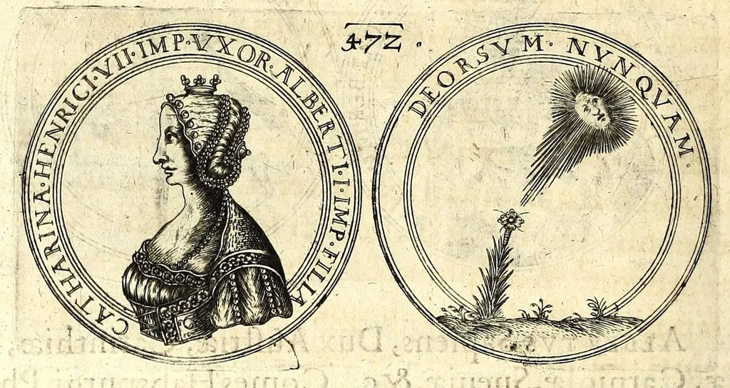An illustration from De vitis imperatorum et caesarum romanorum : tam occidentalium quam orientalium, nec non vxorum et liberorum eorum, item tyrannorum omnium ... : inde à C. Julio Caesare, primo monarcha, vsque ad D.N. Imperatorem Caesarem Matthiam : vnà cum eorum effigiebus & symbolis ..., 1615, leaf 470