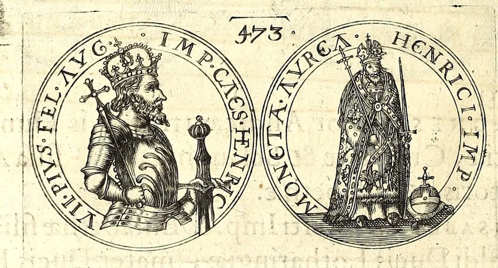 An illustration from De vitis imperatorum et caesarum romanorum : tam occidentalium quam orientalium, nec non vxorum et liberorum eorum, item tyrannorum omnium ... : inde à C. Julio Caesare, primo monarcha, vsque ad D.N. Imperatorem Caesarem Matthiam : vnà cum eorum effigiebus & symbolis ..., 1615, leaf 470