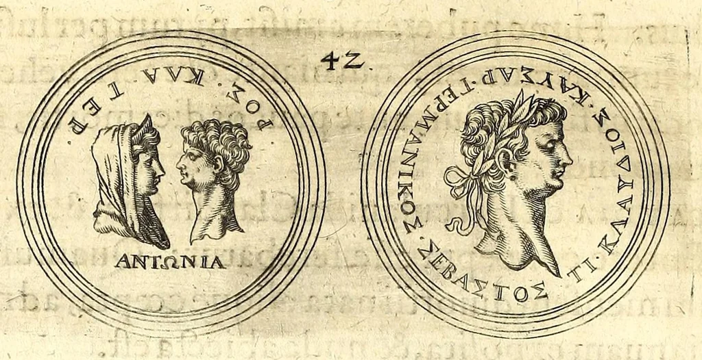 An illustration from De vitis imperatorum et caesarum romanorum : tam occidentalium quam orientalium, nec non vxorum et liberorum eorum, item tyrannorum omnium ... : inde à C. Julio Caesare, primo monarcha, vsque ad D.N. Imperatorem Caesarem Matthiam : vnà cum eorum effigiebus & symbolis ..., 1615, leaf 48