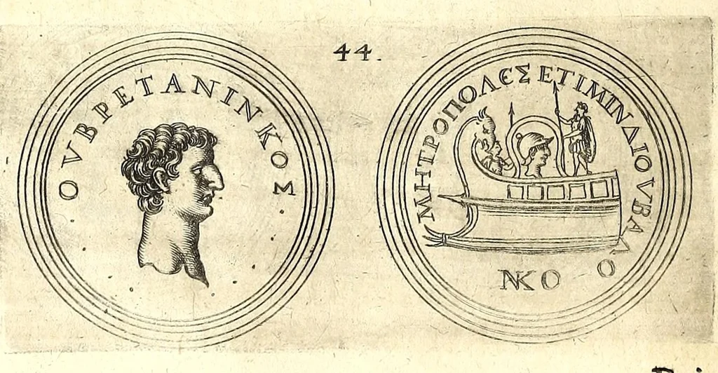 An illustration from De vitis imperatorum et caesarum romanorum : tam occidentalium quam orientalium, nec non vxorum et liberorum eorum, item tyrannorum omnium ... : inde à C. Julio Caesare, primo monarcha, vsque ad D.N. Imperatorem Caesarem Matthiam : vnà cum eorum effigiebus & symbolis ..., 1615, leaf 48