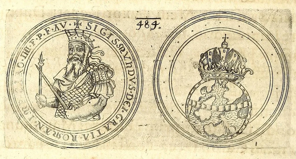 An illustration from De vitis imperatorum et caesarum romanorum : tam occidentalium quam orientalium, nec non vxorum et liberorum eorum, item tyrannorum omnium ... : inde à C. Julio Caesare, primo monarcha, vsque ad D.N. Imperatorem Caesarem Matthiam : vnà cum eorum effigiebus & symbolis ..., 1615, leaf 488