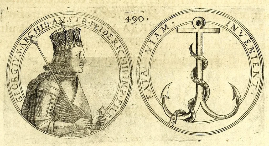 An illustration from De vitis imperatorum et caesarum romanorum : tam occidentalium quam orientalium, nec non vxorum et liberorum eorum, item tyrannorum omnium ... : inde à C. Julio Caesare, primo monarcha, vsque ad D.N. Imperatorem Caesarem Matthiam : vnà cum eorum effigiebus & symbolis ..., 1615, leaf 495