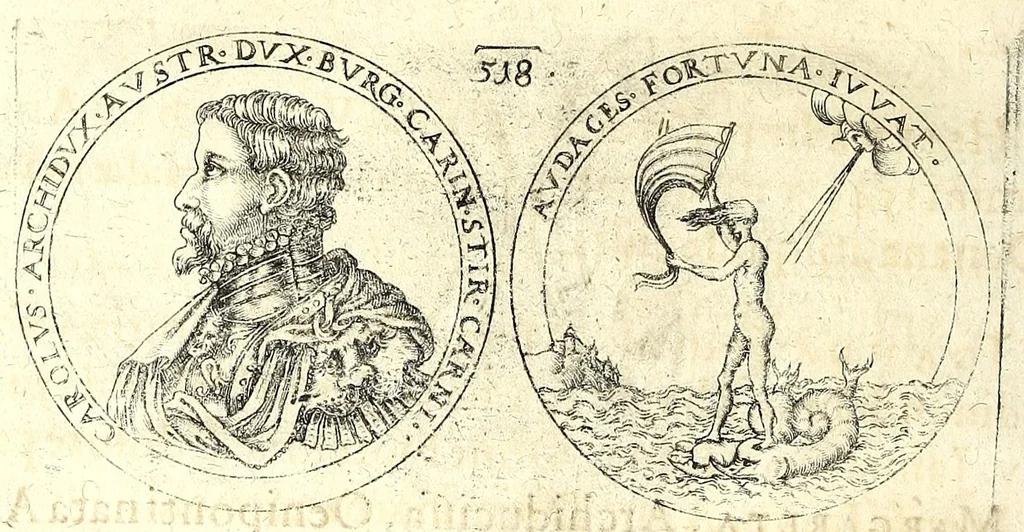 An illustration from De vitis imperatorum et caesarum romanorum : tam occidentalium quam orientalium, nec non vxorum et liberorum eorum, item tyrannorum omnium ... : inde à C. Julio Caesare, primo monarcha, vsque ad D.N. Imperatorem Caesarem Matthiam : vnà cum eorum effigiebus & symbolis ..., 1615, leaf 518