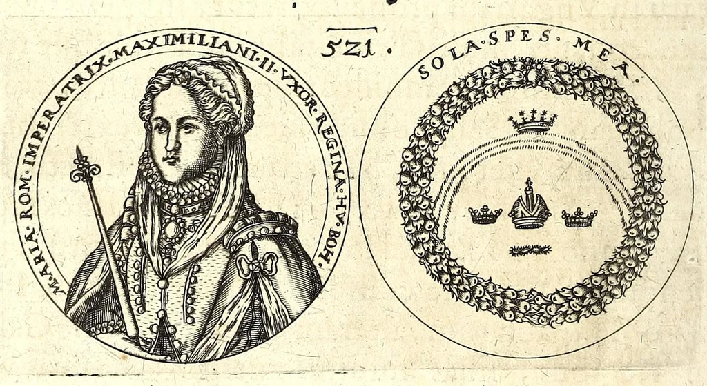 An illustration from De vitis imperatorum et caesarum romanorum : tam occidentalium quam orientalium, nec non vxorum et liberorum eorum, item tyrannorum omnium ... : inde à C. Julio Caesare, primo monarcha, vsque ad D.N. Imperatorem Caesarem Matthiam : vnà cum eorum effigiebus & symbolis ..., 1615, leaf 524