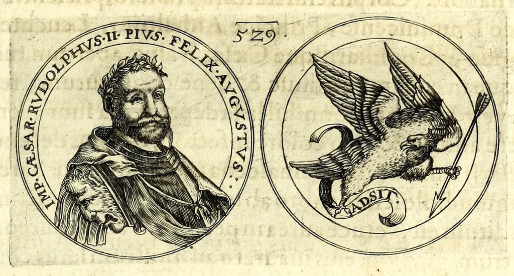 An illustration from De vitis imperatorum et caesarum romanorum : tam occidentalium quam orientalium, nec non vxorum et liberorum eorum, item tyrannorum omnium ... : inde à C. Julio Caesare, primo monarcha, vsque ad D.N. Imperatorem Caesarem Matthiam : vnà cum eorum effigiebus & symbolis ..., 1615, leaf 529