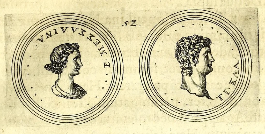 An illustration from De vitis imperatorum et caesarum romanorum : tam occidentalium quam orientalium, nec non vxorum et liberorum eorum, item tyrannorum omnium ... : inde à C. Julio Caesare, primo monarcha, vsque ad D.N. Imperatorem Caesarem Matthiam : vnà cum eorum effigiebus & symbolis ..., 1615, leaf 53