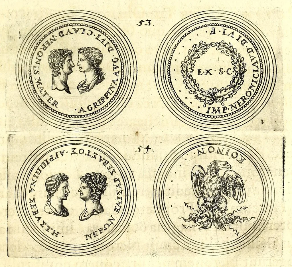 An illustration from De vitis imperatorum et caesarum romanorum : tam occidentalium quam orientalium, nec non vxorum et liberorum eorum, item tyrannorum omnium ... : inde à C. Julio Caesare, primo monarcha, vsque ad D.N. Imperatorem Caesarem Matthiam : vnà cum eorum effigiebus & symbolis ..., 1615, leaf 53