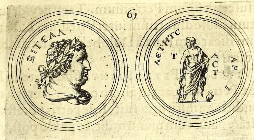 An illustration from De vitis imperatorum et caesarum romanorum : tam occidentalium quam orientalium, nec non vxorum et liberorum eorum, item tyrannorum omnium ... : inde à C. Julio Caesare, primo monarcha, vsque ad D.N. Imperatorem Caesarem Matthiam : vnà cum eorum effigiebus & symbolis ..., 1615, leaf 59