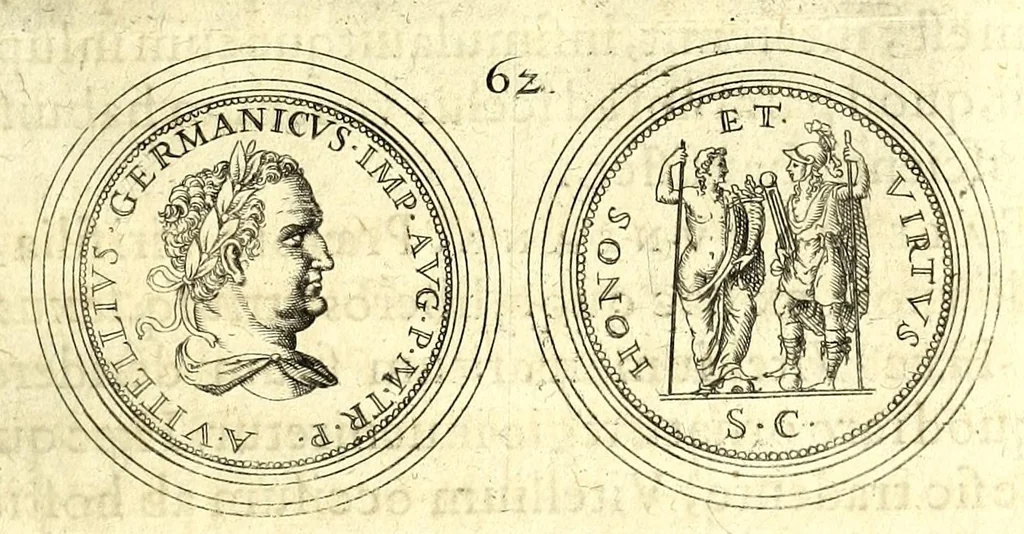 An illustration from De vitis imperatorum et caesarum romanorum : tam occidentalium quam orientalium, nec non vxorum et liberorum eorum, item tyrannorum omnium ... : inde à C. Julio Caesare, primo monarcha, vsque ad D.N. Imperatorem Caesarem Matthiam : vnà cum eorum effigiebus & symbolis ..., 1615, leaf 59