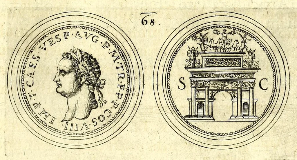 An illustration from De vitis imperatorum et caesarum romanorum : tam occidentalium quam orientalium, nec non vxorum et liberorum eorum, item tyrannorum omnium ... : inde à C. Julio Caesare, primo monarcha, vsque ad D.N. Imperatorem Caesarem Matthiam : vnà cum eorum effigiebus & symbolis ..., 1615, leaf 65