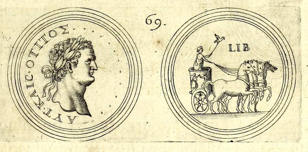 An illustration from De vitis imperatorum et caesarum romanorum : tam occidentalium quam orientalium, nec non vxorum et liberorum eorum, item tyrannorum omnium ... : inde à C. Julio Caesare, primo monarcha, vsque ad D.N. Imperatorem Caesarem Matthiam : vnà cum eorum effigiebus & symbolis ..., 1615, leaf 65
