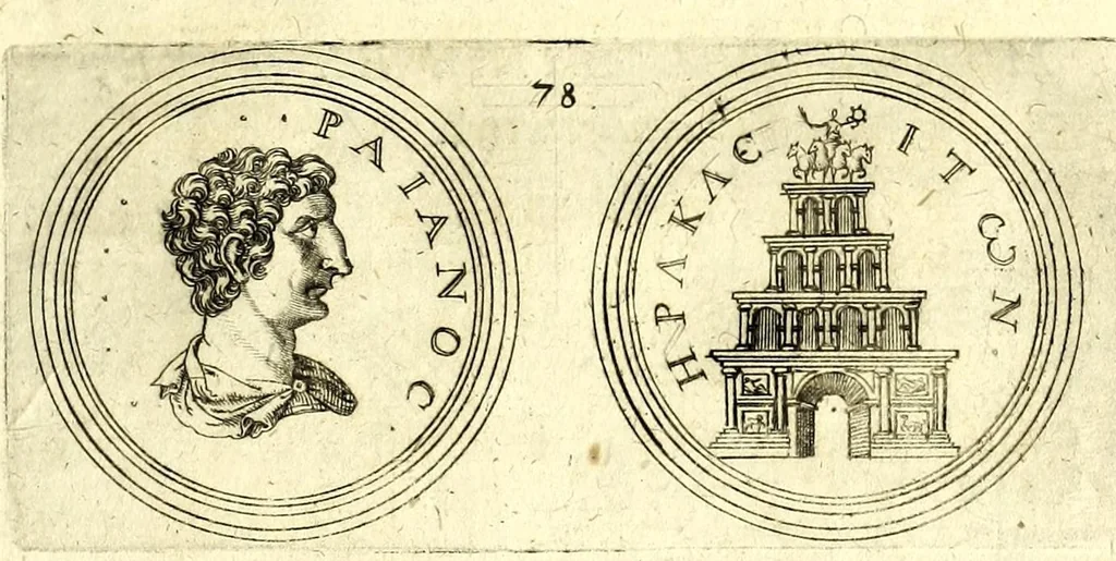 An illustration from De vitis imperatorum et caesarum romanorum : tam occidentalium quam orientalium, nec non vxorum et liberorum eorum, item tyrannorum omnium ... : inde à C. Julio Caesare, primo monarcha, vsque ad D.N. Imperatorem Caesarem Matthiam : vnà cum eorum effigiebus & symbolis ..., 1615, leaf 71