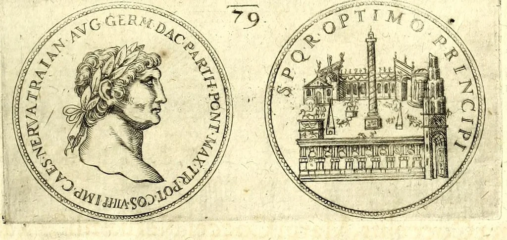 An illustration from De vitis imperatorum et caesarum romanorum : tam occidentalium quam orientalium, nec non vxorum et liberorum eorum, item tyrannorum omnium ... : inde à C. Julio Caesare, primo monarcha, vsque ad D.N. Imperatorem Caesarem Matthiam : vnà cum eorum effigiebus & symbolis ..., 1615, leaf 71