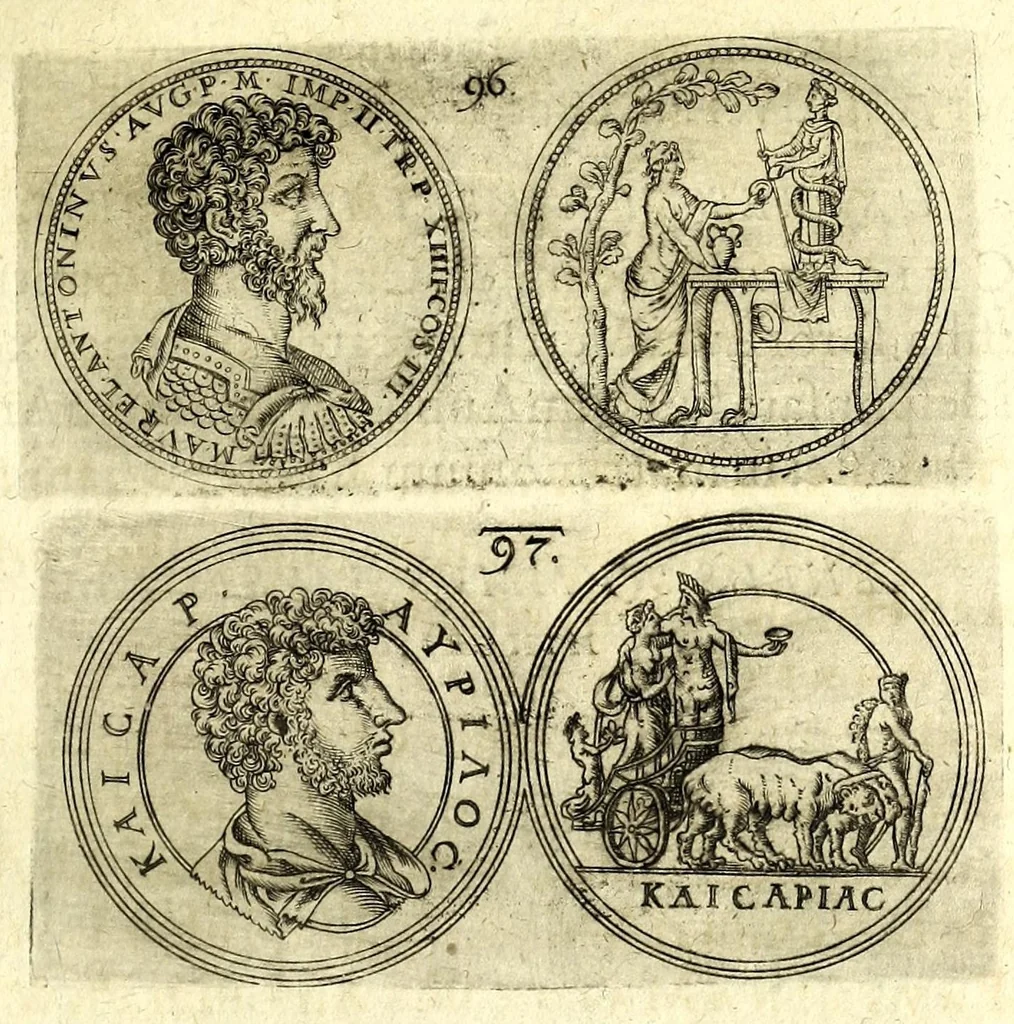 An illustration from De vitis imperatorum et caesarum romanorum : tam occidentalium quam orientalium, nec non vxorum et liberorum eorum, item tyrannorum omnium ... : inde à C. Julio Caesare, primo monarcha, vsque ad D.N. Imperatorem Caesarem Matthiam : vnà cum eorum effigiebus & symbolis ..., 1615, leaf 81