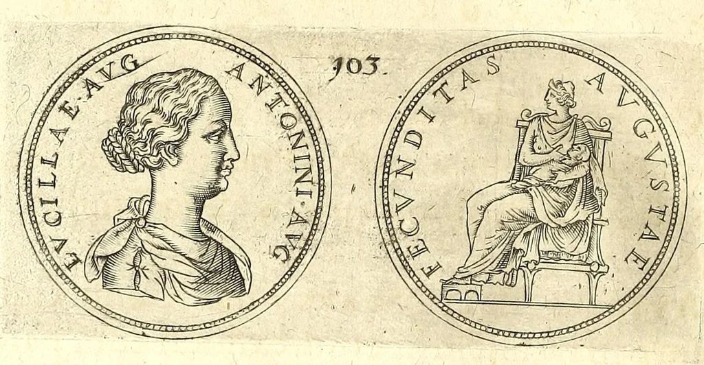 An illustration from De vitis imperatorum et caesarum romanorum : tam occidentalium quam orientalium, nec non vxorum et liberorum eorum, item tyrannorum omnium ... : inde à C. Julio Caesare, primo monarcha, vsque ad D.N. Imperatorem Caesarem Matthiam : vnà cum eorum effigiebus & symbolis ..., 1615, leaf 86