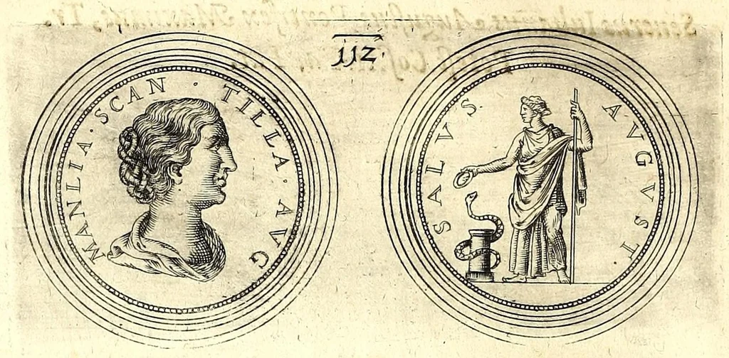 An illustration from De vitis imperatorum et caesarum romanorum : tam occidentalium quam orientalium, nec non vxorum et liberorum eorum, item tyrannorum omnium ... : inde à C. Julio Caesare, primo monarcha, vsque ad D.N. Imperatorem Caesarem Matthiam : vnà cum eorum effigiebus & symbolis ..., 1615, leaf 94