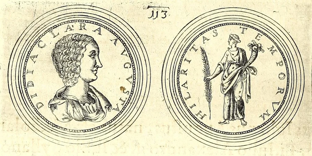An illustration from De vitis imperatorum et caesarum romanorum : tam occidentalium quam orientalium, nec non vxorum et liberorum eorum, item tyrannorum omnium ... : inde à C. Julio Caesare, primo monarcha, vsque ad D.N. Imperatorem Caesarem Matthiam : vnà cum eorum effigiebus & symbolis ..., 1615, leaf 94