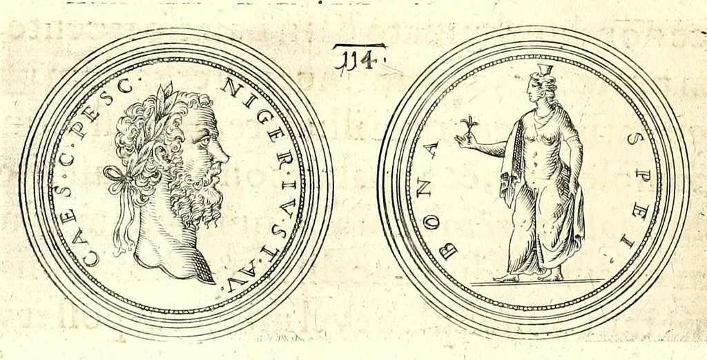 An illustration from De vitis imperatorum et caesarum romanorum : tam occidentalium quam orientalium, nec non vxorum et liberorum eorum, item tyrannorum omnium ... : inde à C. Julio Caesare, primo monarcha, vsque ad D.N. Imperatorem Caesarem Matthiam : vnà cum eorum effigiebus & symbolis ..., 1615, leaf 94