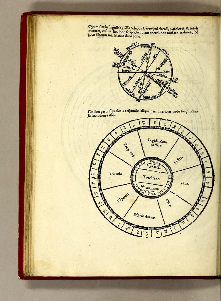 An illustration from De vniuersitate liber, : in quo astronomiæ doctrin[a]eúe coelestis compendium terrae aptatum, & secundum coelestis influxus ordinem praecipuaruḿque originum rationem totus orbis terrae quatenus innotuit, cum regnorum temporibus exponitur. Sed ante omneis alias orbis parteis Terra Sancta summo, hoc est amplissimo co[m]pendio describitur. cui Gallia ob primarium orbis nomen & ius substituitur, eo quòd ambae toti orbi legem sunt daturae., 1552, leaf 120