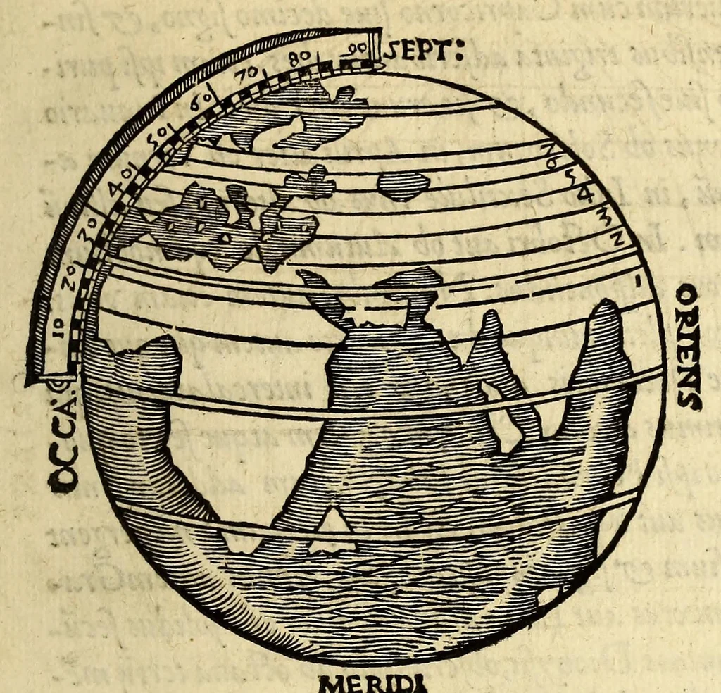 An illustration from De vniuersitate liber, : in quo astronomiæ doctrin[a]eúe coelestis compendium terrae aptatum, & secundum coelestis influxus ordinem praecipuaruḿque originum rationem totus orbis terrae quatenus innotuit, cum regnorum temporibus exponitur. Sed ante omneis alias orbis parteis Terra Sancta summo, hoc est amplissimo co[m]pendio describitur. cui Gallia ob primarium orbis nomen & ius substituitur, eo quòd ambae toti orbi legem sunt daturae., 1552, leaf 123