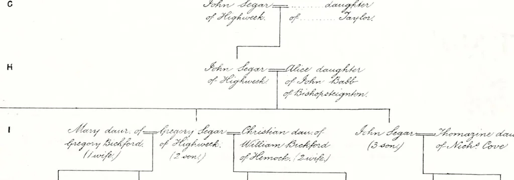 An illustration from Devonshire pedigrees : recorded in the herald's visitation of 1620, with additions from the Harleian manuscripts, and the printed collections of Westcote and Pole, 1859, leaf 184