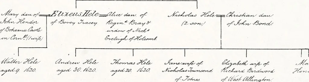 An illustration from Devonshire pedigrees : recorded in the herald's visitation of 1620, with additions from the Harleian manuscripts, and the printed collections of Westcote and Pole, 1859, leaf 202