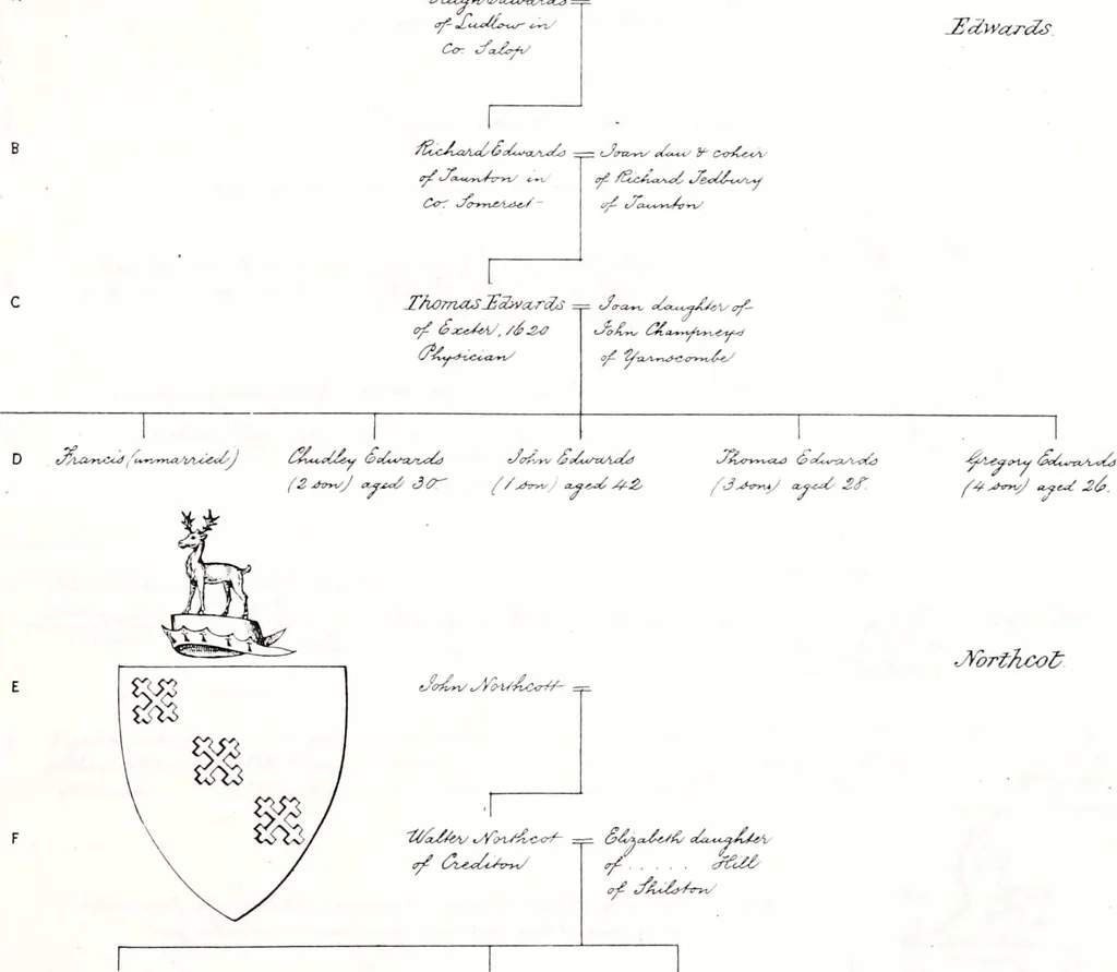 An illustration from Devonshire pedigrees : recorded in the herald's visitation of 1620, with additions from the Harleian manuscripts, and the printed collections of Westcote and Pole, 1859, leaf 36