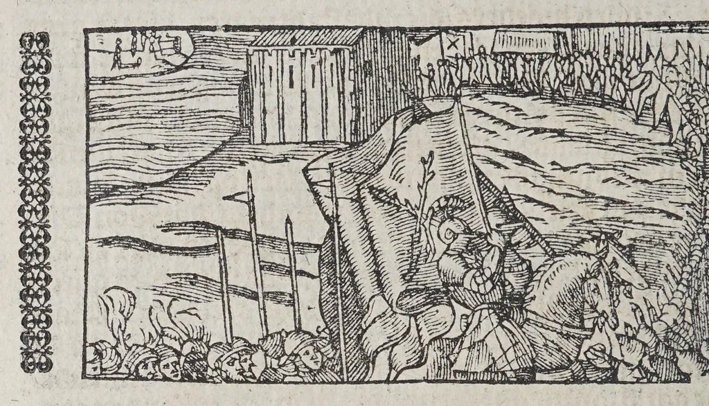 An illustration from De wonderlijcke ende warachtighe historie vant coninckrijck van Peru, : geleghen in Indien, inde welcke verhaelt wordt de gheleghentheydt, costuymen, manieren van leuen, oueruloedicheyt des goudts eñ siluers, ende voort alle de sonderlingste dinghen vanden seluen lande, insghelijckx vanden steden, plaetsen, ende inwoonders desselfs conincrijckx, daer beneuen hoet gheuonden ende eerst by de Keyserlijcke Maiest. hoochloflijcker memorien gheconquesteert ende vercreghen is, met alle de oorlogen eñ strijden die ghebeurt zijn, soo teghens d'Indianen als oock onder den Spaengaerts om tgouuernement deen teghens den anderen. Verciert met veel schoone figuren, 1563, leaf 126