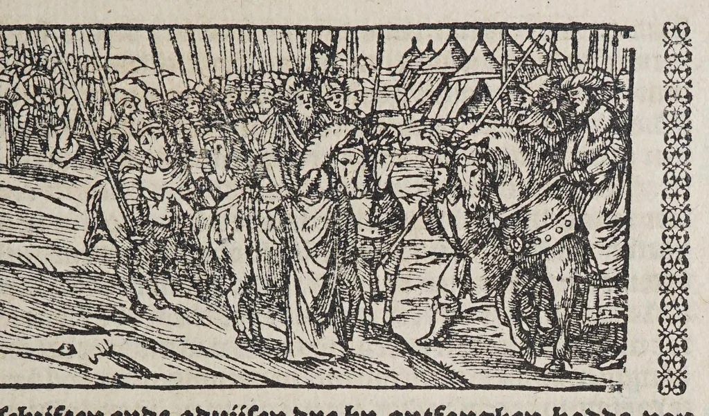 An illustration from De wonderlijcke ende warachtighe historie vant coninckrijck van Peru, : geleghen in Indien, inde welcke verhaelt wordt de gheleghentheydt, costuymen, manieren van leuen, oueruloedicheyt des goudts eñ siluers, ende voort alle de sonderlingste dinghen vanden seluen lande, insghelijckx vanden steden, plaetsen, ende inwoonders desselfs conincrijckx, daer beneuen hoet gheuonden ende eerst by de Keyserlijcke Maiest. hoochloflijcker memorien gheconquesteert ende vercreghen is, met alle de oorlogen eñ strijden die ghebeurt zijn, soo teghens d'Indianen als oock onder den Spaengaerts om tgouuernement deen teghens den anderen. Verciert met veel schoone figuren, 1563, leaf 213