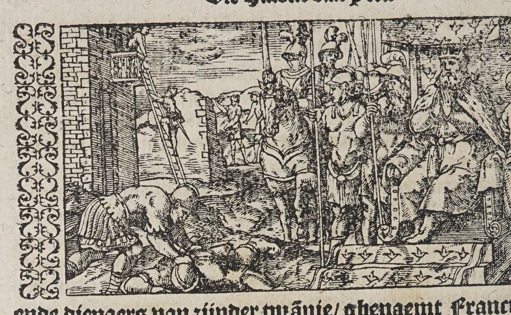 An illustration from De wonderlijcke ende warachtighe historie vant coninckrijck van Peru, : geleghen in Indien, inde welcke verhaelt wordt de gheleghentheydt, costuymen, manieren van leuen, oueruloedicheyt des goudts eñ siluers, ende voort alle de sonderlingste dinghen vanden seluen lande, insghelijckx vanden steden, plaetsen, ende inwoonders desselfs conincrijckx, daer beneuen hoet gheuonden ende eerst by de Keyserlijcke Maiest. hoochloflijcker memorien gheconquesteert ende vercreghen is, met alle de oorlogen eñ strijden die ghebeurt zijn, soo teghens d'Indianen als oock onder den Spaengaerts om tgouuernement deen teghens den anderen. Verciert met veel schoone figuren, 1563, leaf 254