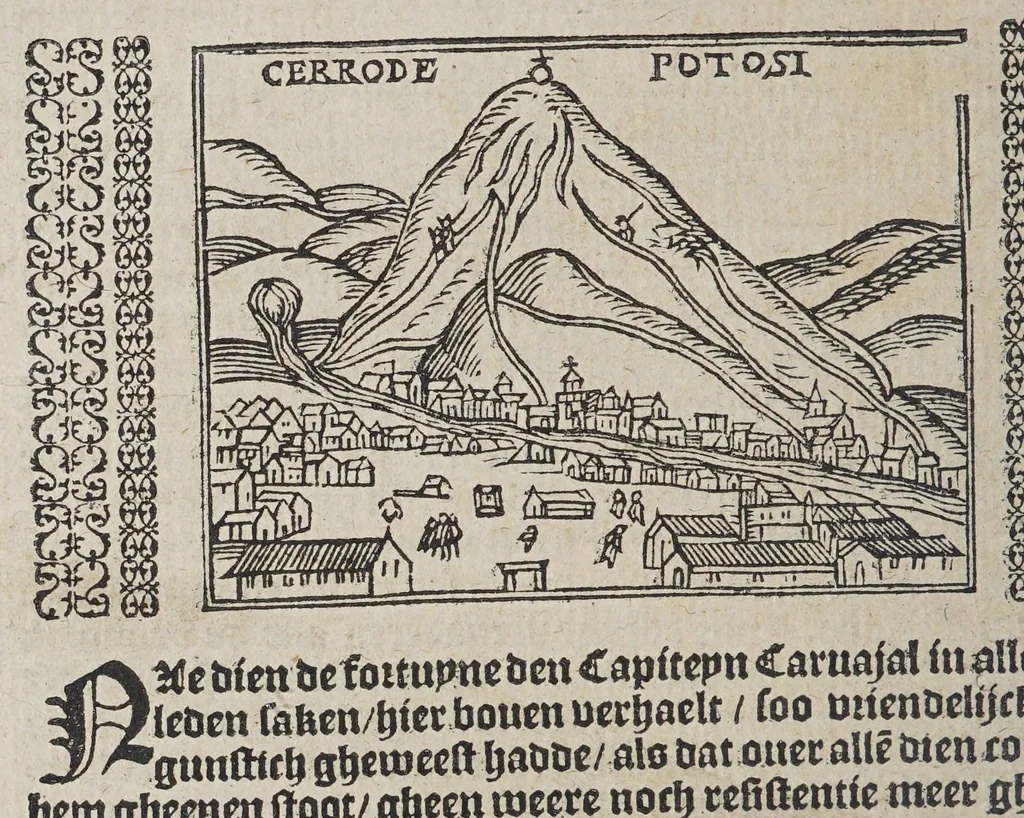 An illustration from De wonderlijcke ende warachtighe historie vant coninckrijck van Peru, : geleghen in Indien, inde welcke verhaelt wordt de gheleghentheydt, costuymen, manieren van leuen, oueruloedicheyt des goudts eñ siluers, ende voort alle de sonderlingste dinghen vanden seluen lande, insghelijckx vanden steden, plaetsen, ende inwoonders desselfs conincrijckx, daer beneuen hoet gheuonden ende eerst by de Keyserlijcke Maiest. hoochloflijcker memorien gheconquesteert ende vercreghen is, met alle de oorlogen eñ strijden die ghebeurt zijn, soo teghens d'Indianen als oock onder den Spaengaerts om tgouuernement deen teghens den anderen. Verciert met veel schoone figuren, 1563, leaf 316
