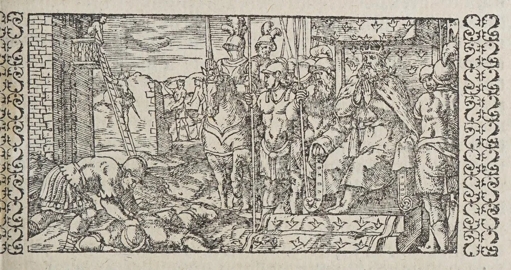 An illustration from De wonderlijcke ende warachtighe historie vant coninckrijck van Peru, : geleghen in Indien, inde welcke verhaelt wordt de gheleghentheydt, costuymen, manieren van leuen, oueruloedicheyt des goudts eñ siluers, ende voort alle de sonderlingste dinghen vanden seluen lande, insghelijckx vanden steden, plaetsen, ende inwoonders desselfs conincrijckx, daer beneuen hoet gheuonden ende eerst by de Keyserlijcke Maiest. hoochloflijcker memorien gheconquesteert ende vercreghen is, met alle de oorlogen eñ strijden die ghebeurt zijn, soo teghens d'Indianen als oock onder den Spaengaerts om tgouuernement deen teghens den anderen. Verciert met veel schoone figuren, 1563, leaf 319