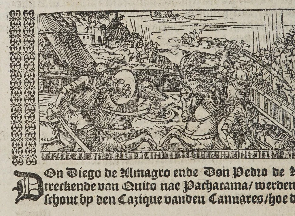An illustration from De wonderlijcke ende warachtighe historie vant coninckrijck van Peru, : geleghen in Indien, inde welcke verhaelt wordt de gheleghentheydt, costuymen, manieren van leuen, oueruloedicheyt des goudts eñ siluers, ende voort alle de sonderlingste dinghen vanden seluen lande, insghelijckx vanden steden, plaetsen, ende inwoonders desselfs conincrijckx, daer beneuen hoet gheuonden ende eerst by de Keyserlijcke Maiest. hoochloflijcker memorien gheconquesteert ende vercreghen is, met alle de oorlogen eñ strijden die ghebeurt zijn, soo teghens d'Indianen als oock onder den Spaengaerts om tgouuernement deen teghens den anderen. Verciert met veel schoone figuren, 1563, leaf 94