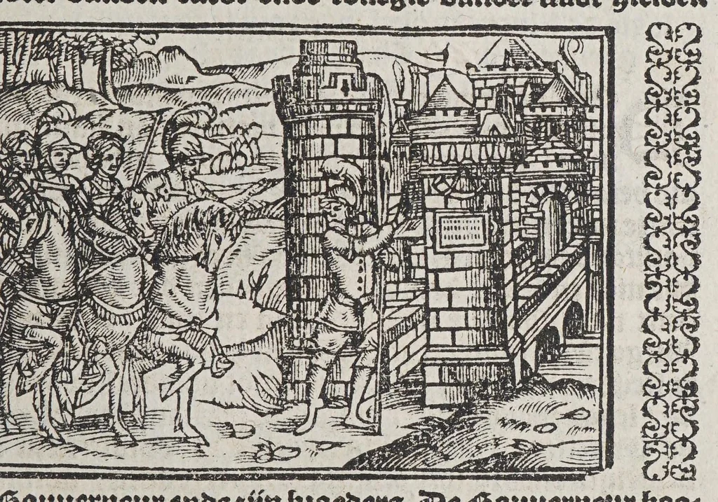An illustration from De wonderlijcke ende warachtighe historie vant coninckrijck van Peru, : geleghen in Indien, inde welcke verhaelt wordt de gheleghentheydt, costuymen, manieren van leuen, oueruloedicheyt des goudts eñ siluers, ende voort alle de sonderlingste dinghen vanden seluen lande, insghelijckx vanden steden, plaetsen, ende inwoonders desselfs conincrijckx, daer beneuen hoet gheuonden ende eerst by de Keyserlijcke Maiest. hoochloflijcker memorien gheconquesteert ende vercreghen is, met alle de oorlogen eñ strijden die ghebeurt zijn, soo teghens d'Indianen als oock onder den Spaengaerts om tgouuernement deen teghens den anderen. Verciert met veel schoone figuren, 1563, leaf 99