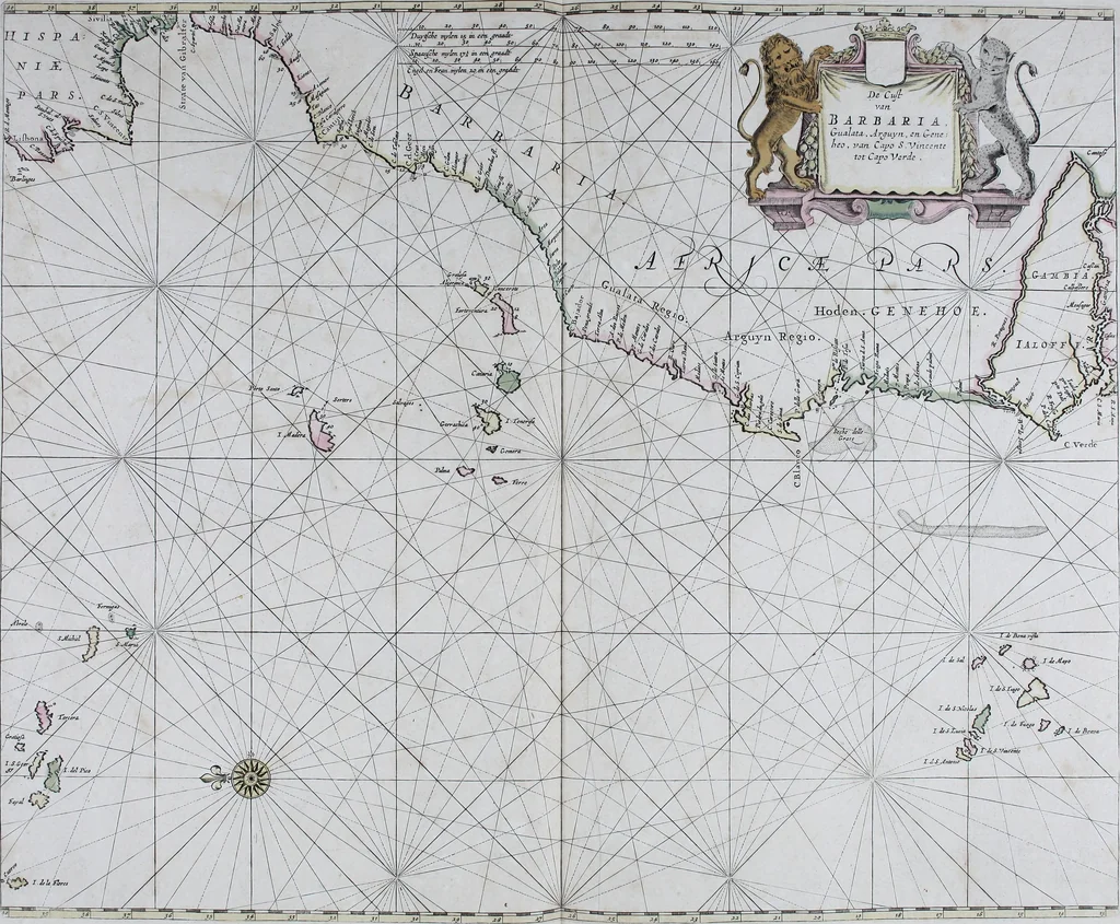 An illustration from De zee-atlas ofte water-wereld : waer in vertoont werden alle de zee-kusten van het bekende des aerd-bodems : seer dienstigh voor alle heeren en kooplieden, als oock voor alle schippers en stuurlieden, 1672, leaf 100