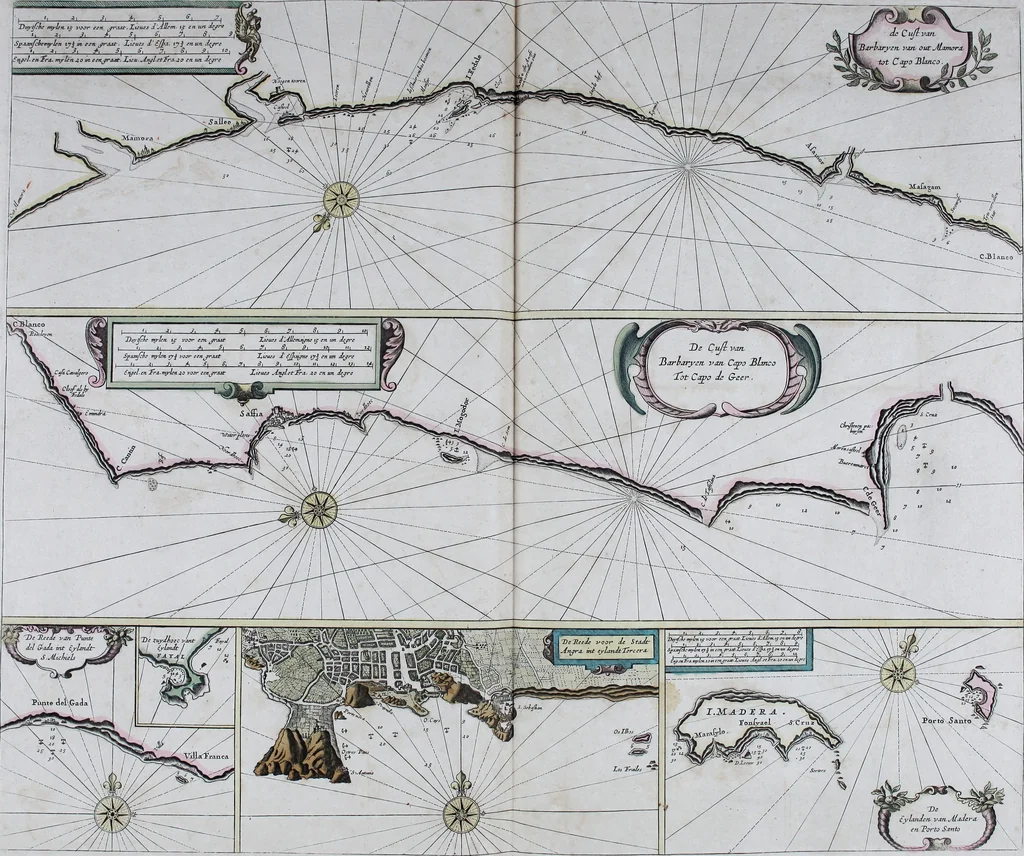 An illustration from De zee-atlas ofte water-wereld : waer in vertoont werden alle de zee-kusten van het bekende des aerd-bodems : seer dienstigh voor alle heeren en kooplieden, als oock voor alle schippers en stuurlieden, 1672, leaf 104