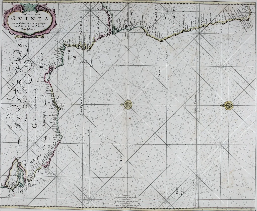 An illustration from De zee-atlas ofte water-wereld : waer in vertoont werden alle de zee-kusten van het bekende des aerd-bodems : seer dienstigh voor alle heeren en kooplieden, als oock voor alle schippers en stuurlieden, 1672, leaf 112