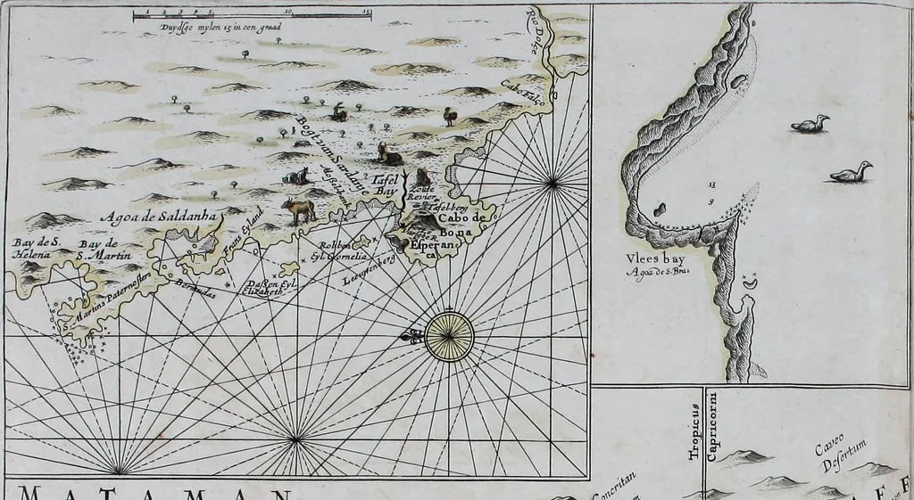 An illustration from De zee-atlas ofte water-wereld : waer in vertoont werden alle de zee-kusten van het bekende des aerd-bodems : seer dienstigh voor alle heeren en kooplieden, als oock voor alle schippers en stuurlieden, 1672, leaf 116