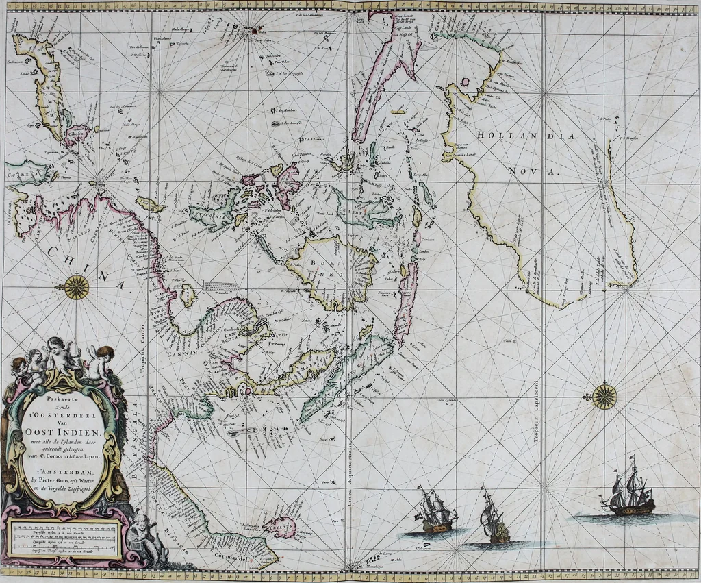 An illustration from De zee-atlas ofte water-wereld : waer in vertoont werden alle de zee-kusten van het bekende des aerd-bodems : seer dienstigh voor alle heeren en kooplieden, als oock voor alle schippers en stuurlieden, 1672, leaf 124