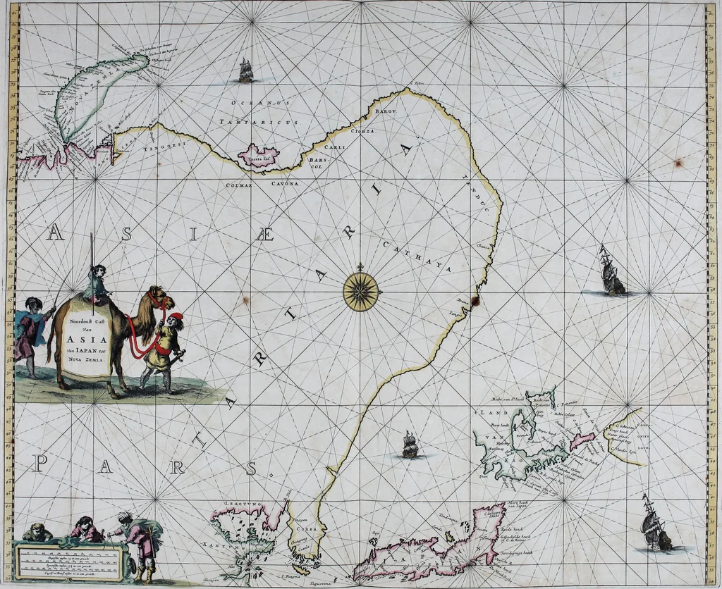 An illustration from De zee-atlas ofte water-wereld : waer in vertoont werden alle de zee-kusten van het bekende des aerd-bodems : seer dienstigh voor alle heeren en kooplieden, als oock voor alle schippers en stuurlieden, 1672, leaf 128