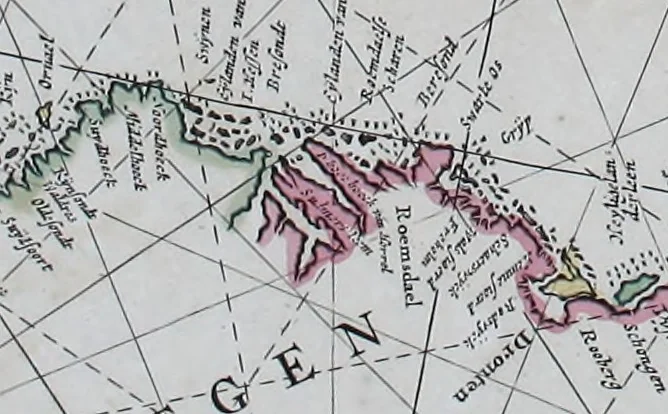 An illustration from De zee-atlas ofte water-wereld : waer in vertoont werden alle de zee-kusten van het bekende des aerd-bodems : seer dienstigh voor alle heeren en kooplieden, als oock voor alle schippers en stuurlieden, 1672, leaf 136