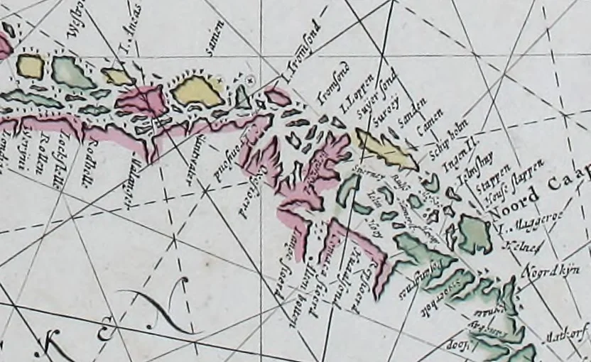 An illustration from De zee-atlas ofte water-wereld : waer in vertoont werden alle de zee-kusten van het bekende des aerd-bodems : seer dienstigh voor alle heeren en kooplieden, als oock voor alle schippers en stuurlieden, 1672, leaf 136