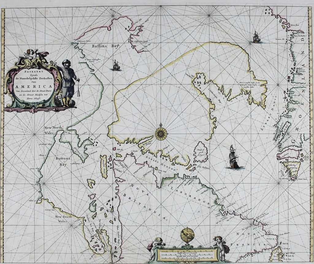 An illustration from De zee-atlas ofte water-wereld : waer in vertoont werden alle de zee-kusten van het bekende des aerd-bodems : seer dienstigh voor alle heeren en kooplieden, als oock voor alle schippers en stuurlieden, 1672, leaf 144