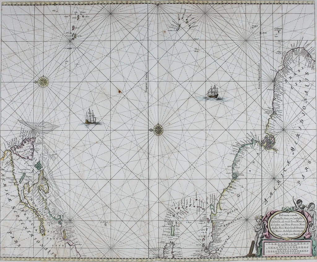 An illustration from De zee-atlas ofte water-wereld : waer in vertoont werden alle de zee-kusten van het bekende des aerd-bodems : seer dienstigh voor alle heeren en kooplieden, als oock voor alle schippers en stuurlieden, 1672, leaf 148