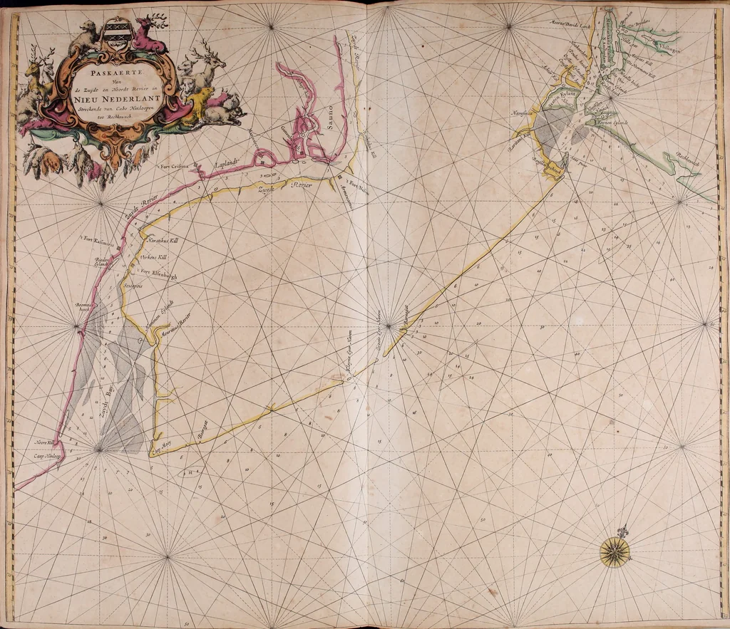 An illustration from De zee-atlas ofte water-wereld : waer in vertoont werden alle de zee-kusten van het bekende des aerd-bodems : seer dienstigh voor alle heeren en kooplieden, als oock voor alle schippers en stuurlieden, 1672, leaf 156